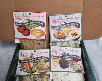 Soup Box #5!  4 Soup mixes; loaded Baked Potato, Creamy Tomato Basil, Country Chicken Vegetable,  Broccoli Cheddar; comfort food