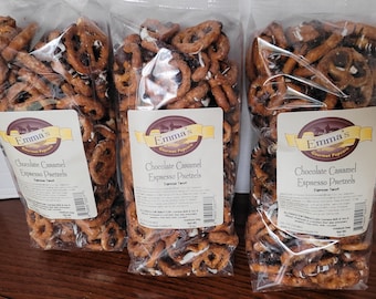 Chocolate Caramel Espresso Pretzels- snack or food gifts; Yum!