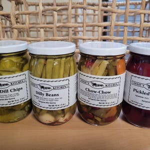 Pickled items! Pickled Baby Beets, Dilly Beans, Chow Chow, and Sweet Dill Chips