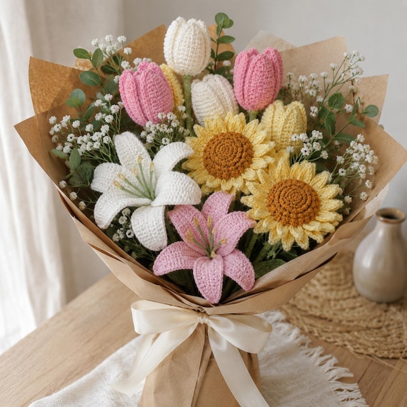Crochet Tulip Bouquet, Handmade Graduation Flower Gift, Colorful Yarn Flowers, Everlasting Bouquet, Gift for Her, Graduation Gift