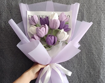 Crochet Flowers, Crochet Tulip Bouquet, Crochet flowers, Gift for Girlfriend, Mom, Birthday, Wrapped Crochet Purple Tulip
