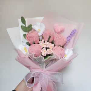 Valentinstag Bouquets, rosa Blumenstrauß, häkeln rosa Rosen, handgemachte Blume, Strickblume, Geschenk für sie, Liebesherz, Überraschungsgeschenk.