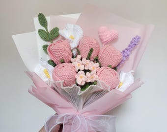 Valentine's Day Bouquets,Pink Flower Bouquet,Crochet pink roses, Handmade flower, knit flower, gift for her,love heart,Surprise Gift.