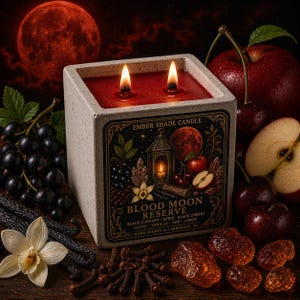 May include: A square, lit candle with the text "Blood Moon Reserve" on the label. The candle is surrounded by cherries, apples, cloves, vanilla, and other ingredients. A large red moon is in the background.