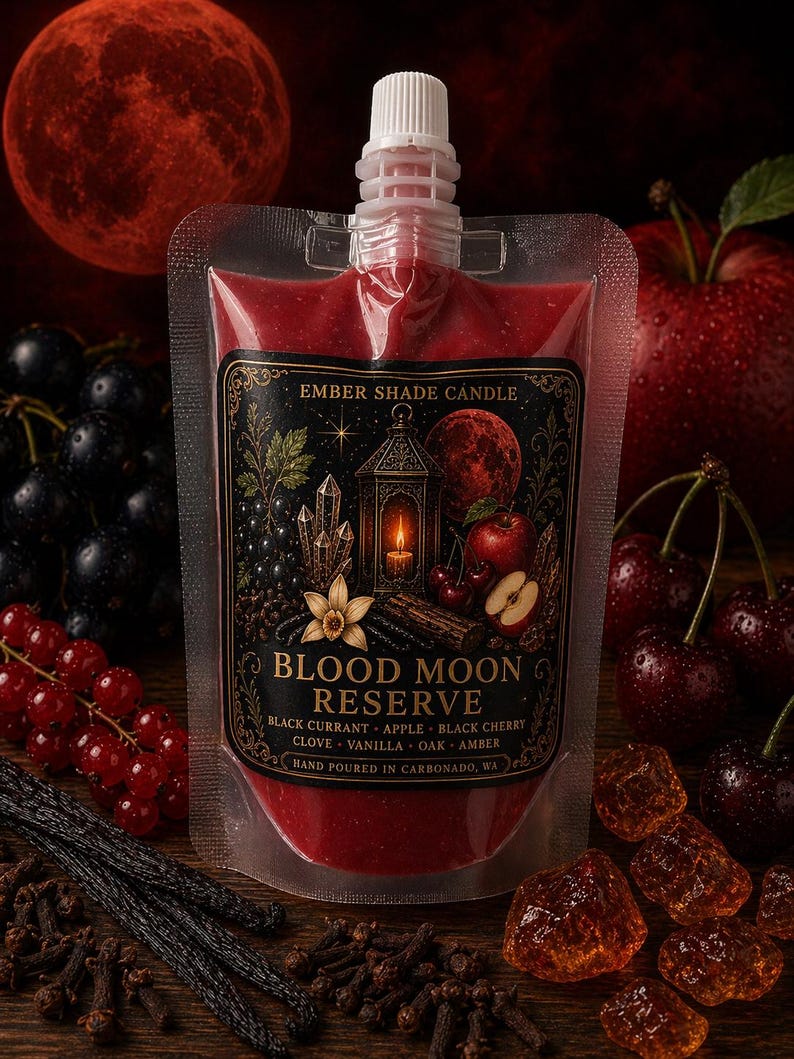 May include: A pouch of red liquid with a label reading "Blood Moon Reserve" by Ember Shade Candle. The label features illustrations of a lantern, crystals, and fruit. Ingredients listed include black currant, apple, and black cherry. The background includes fruit and a red moon.