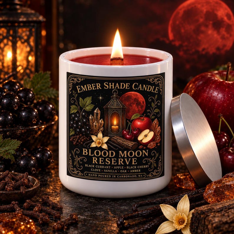 May include: A white candle in a glass jar with a lit wooden wick. The label features a lantern, a red moon, apples, cherries, and black currants with the text Ember Shade Candle Blood Moon Reserve, Black Currant, Apple, Black Cherry, Clove, Vanilla, Oak, Amber.