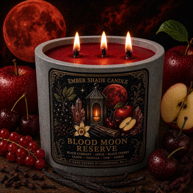 May include: A lit, three-wick candle in a gray stone-like container. The candle's red wax is surrounded by a label with the text "BLOOD MOON RESERVE". Red apples, cherries, and other ingredients surround the candle.