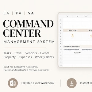 Może przedstawiać: Edytowalny skoroszyt programu Excel zatytułowany Command Center Management System dla EA, PA i VA. Interfejs wyświetla arkusz kalkulacyjny z kolumnami dla otwartych, pilnych i zaległych zadań oraz sekcję podsumowania finansowego pokazującą nieopłacone wydatki podlegające zwrotowi w wysokości 200,00 €.