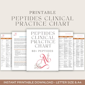 May include: Printable "Peptides Clinical Practice Chart" with the text "Peptides Clinical Practice Chart" and "80+ Peptides". The chart is available in letter size and A4. The background is a light beige color.