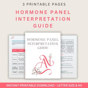 May include: Three printable pages of a Hormone Panel Interpretation Guide. The cover features the title in pink and a floral design. The words "Instant Printable Download - Letter Size & A4" are at the bottom.