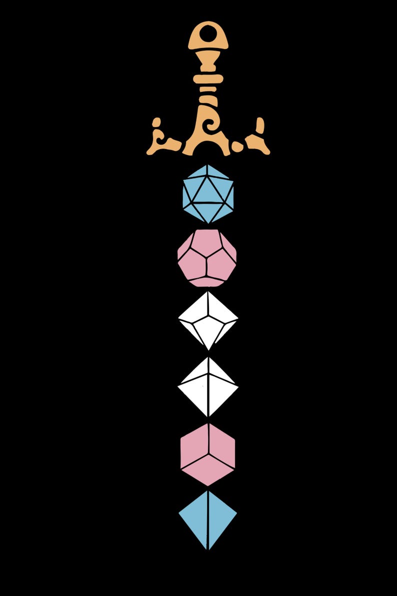 May include: A vertical graphic illustration of a sword with a tan hilt and a blade composed of six stacked polyhedral dice. The dice are colored in a sequence of light blue, pink, white, white, pink, and light blue against a solid black background.
