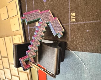 Blocky Pickaxe Keychain, 3D Printed Pixel Pickaxe Charm, Gamer Bag Charm, Block Style Keyring