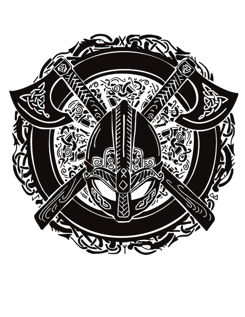 May include: A black and white circular graphic illustration featuring a central Viking helmet positioned in front of two crossed battle axes. The design is surrounded by intricate knotwork patterns and stylised dragon motifs throughout.