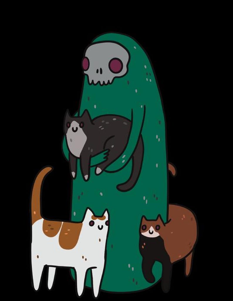 Peut inclure: Une illustration graphique repr&eacute;sentant une grande silhouette verte &agrave; capuche avec un visage de cr&acirc;ne gris tenant un chat noir et gris. Deux autres chats se tiennent &agrave; la base : un blanc avec des taches brunes et un brun avec le visage et le poitrail noirs.