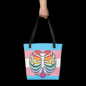 Trans Pride Ribcage Tote Bag – Queer Rainbow Skeleton Heart on Trans Flag – Bold LGBTQ+ Everyday Bag image 9