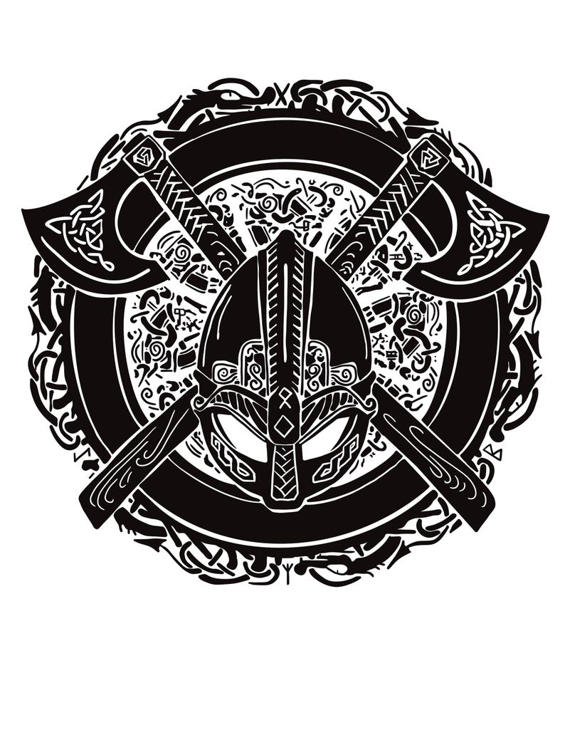 Puede incluir: Una ilustraci&oacute;n gr&aacute;fica circular en blanco y negro que presenta un casco vikingo central colocado frente a dos hachas de batalla cruzadas. El dise&ntilde;o est&aacute; rodeado de intrincados patrones de nudos y motivos de dragones estilizados.