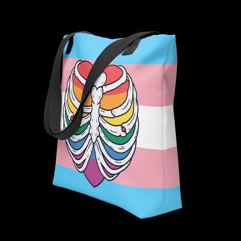Trans Pride Ribcage Tote Bag – Queer Rainbow Skeleton Heart on Trans Flag – Bold LGBTQ+ Everyday Bag image 2