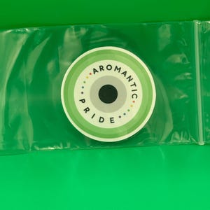 Op de afbeelding: Een ronde sticker met concentrische ringen in tinten groen, wit en grijs. Het midden bevat een effen zwarte cirkel. De tekst AROMANTIC PRIDE is in het zwart gedrukt langs de bovenste en onderste boog, geaccentueerd door kleine gekleurde stippen.