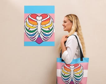 Trans Pride Ribcage Tote Bag – Queer Rainbow Skelett Hjärta på Transflagga – Djärv HBTQ+ Vardagsväska