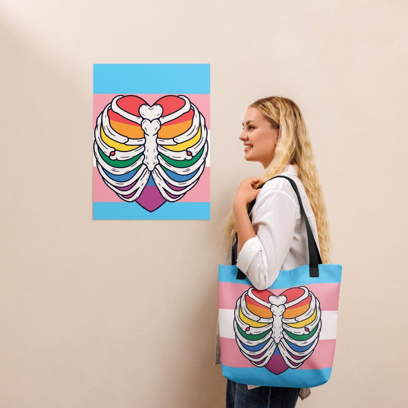 Trans Pride Ribcage Tote Bag – Queer Rainbow Skeleton Heart on Trans Flag – Bold LGBTQ+ Everyday Bag