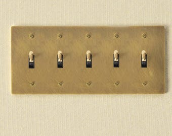 Retro 5Gan 3way Brass Panel , Dimmer Light Switch, Toggle, Socket - Aged brass Finish-Retro toggle light switch, dimmer & Aged brass 110V