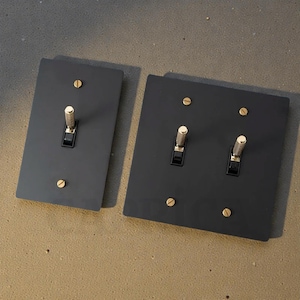 Può includere: Due placche per interruttori di luce nero opaco con viti e interruttori a levetta color ottone. Una placca ha un singolo interruttore, l'altra ne ha due. Gli interruttori hanno una finitura argentata e strutturata.