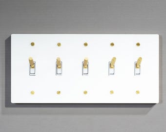 WHITE-GOLDEN 5Gan 3way Brass Panel , Dimmer Light Switch, Toggle, Socket - Aged brass Finish-Retro toggle light switch, dimmer 110V