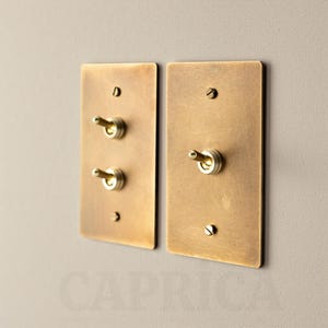 Könnte beinhalten: Zwei rechteckige Lichtschalterplatten aus Messing mit Kippschaltern. Jede Platte hat eine gebürstete Oberfläche und ist an einer neutralfarbenen Wand montiert. Die Schalter haben ein klassisches, Vintage-Design.