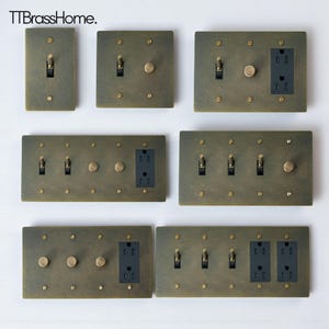 Placa de parede elegante em latão bronze antigo, painel de latão retrô, dimmer, interruptor de luz retrô com etiqueta de alternância, interruptor de latão envelhecido