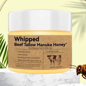 Whipped Beef Tallow & Manuka Honey 4. oz, Grass Fed Beef Tallow Honey Face + Body Moisturizer Cream - Unisex,