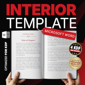 May include: An open book with the title "Title of Chapter" and placeholder text. A red tag reads "MICROSOFT WORD." The image also includes a "4 KDP SIZES INCLUDED" sticker and a "PREMIUM QUALITY" seal. The words "INTERIOR TEMPLATE" are at the top.