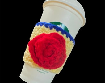 Beauty and the Beast Inspired Coffee Cup Sleeve Cozy for Hot Coffee or Cold Iced Coffee Yellow with Blue trim and Red Rose