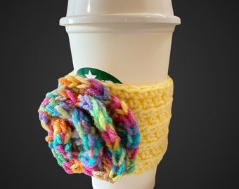 Yellow Coffee Cozy Sleeve with Large Rainbow Rose Flower Crocheted for Coffee Cups