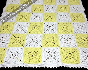 Crochet Granny Square Lacey Baby Blanket Yellow & White