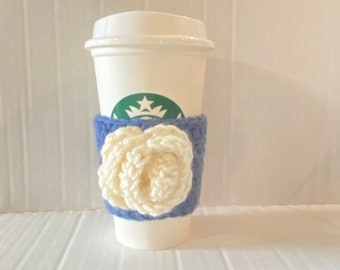 Blue Coffee Cozy Sleeve with Pastel Yellow Beige Flower Rose Crochet for Coffee Cups