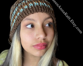 Knitted Ear Warmer in Brown & Blue