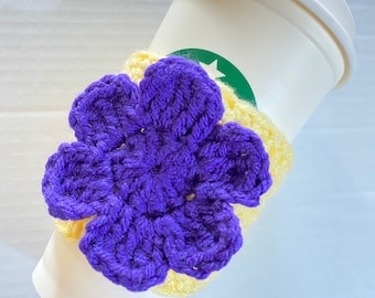 Yellow Coffee Cozy Sleeve with Large Purple Flower Crocheted for Coffee Cups