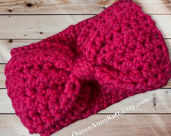 Hot Pink Knit Headband Ear Warmer with Crochet Hair Bow - Child Size