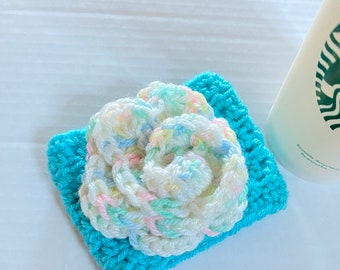 Aqua Blue Turquoise Coffee Cozy Sleeve with Pastel Multi Colored Rose Flower Crocheted for Coffee Cups
