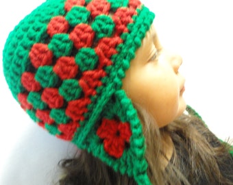 Winter Hat / Childs Hat / Ear Flap Hat / Crochet Hat / Toddler Hat / Christmas Hat / Baby Hat / Crochet Hat / Green Hat / Red Hat