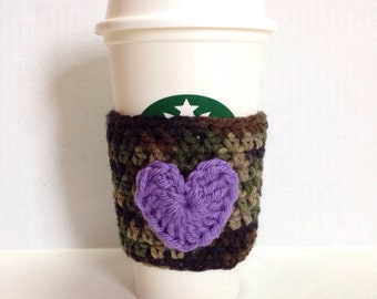Camouflage Coffee Cozy Sleeve with Purple Heart
