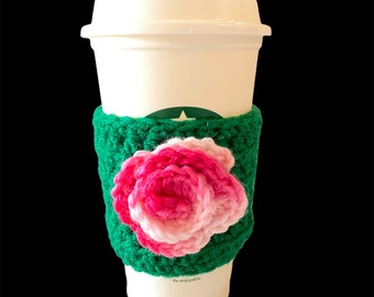 Green Coffee Cozy Sleeve with Pink Rose Flower Crocheted for Coffee Cups