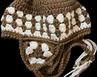 Winter Hat / Childs Hat / Ear Flap Hat / Crochet Hat / Toddler Hat / Granny Square Hat / Baby Hat / Crochet Hat / Brown Hat / White Hat