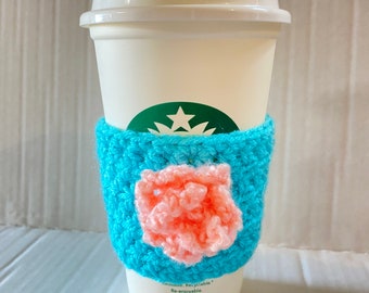 Aqua Blue Turquoise Coffee Cozy Sleeve with Small Coral Rose Flower Crocheted for Coffee Cups