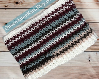 Knitted Ear Warmer in Brown, Blue, & White
