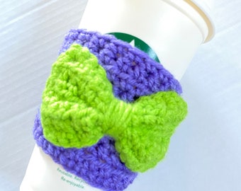 Crochet Coffee Drink Cup Holder Sleeve with Crochet Bow Appliqué for Hot Coffee or Ice Coffee or Other Drink Cups