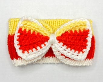 Headband Ear Warmer Knitted with a Crochet Hair Bow in Candy Corn Orange, White, Yellow color for Halloween, size Toddler to Child