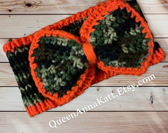 Camo & Orange Knit Headband Ear Warmer with Crochet Hair Bow Child Size