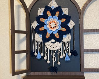 Boho Crochet Wall Hanging, Navy Floral Mandala Fiber Art, 12 Inch Bohemian Decor
