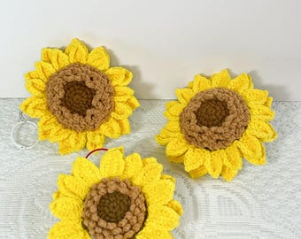 Handmade Crochet Sunflower Bag Charm, 4.5 Inch Floral Keychain, Summer Tote Accessory